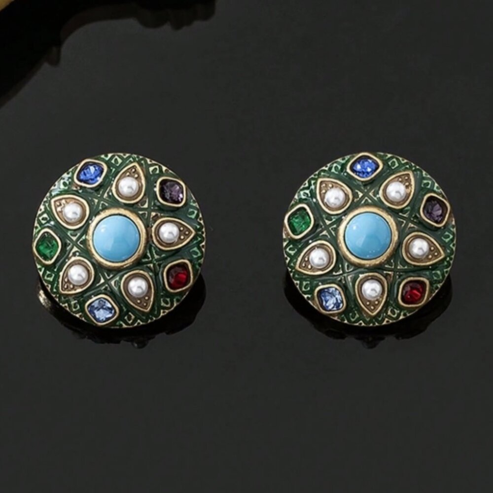 VINTAGE STYLE ENAMEL GREEN RHINESTONE EARRINGS